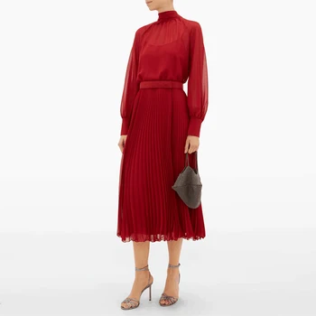 

Gedivoen Fashion Runway Spring Dress Women Bow Collar Belt Slim Pleated Dress Solid Red Elegant Ladies Party Dresses Vestidos