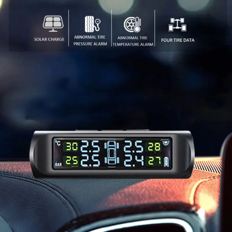 Солнечная Беспроводная TPMS автомобильная система контроля давления в шинах w/4 Внутренний датчик