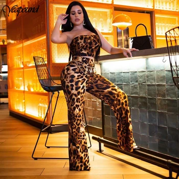 

Off Shoulder Leopard Print Two Piece Set Strapless Bodycon Crop Top + Wide Leg Pants Set 2 Piece Club Outfits Sexy Matching Sets