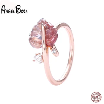 

925 Sterling Silver Charm Rings Rose Gold Pink Glass Love Heart Leaf Ring Fashion Jewelry for Women Birthday Gift