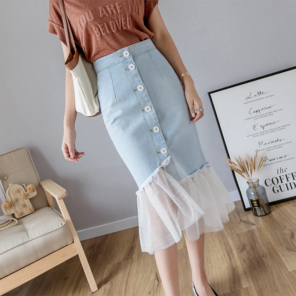 Women Blue Button Casual Denim Skirt 2019 Summer New Bodycon Women Skirt Mesh Patchwork Basic Jeans Skirt High Waist Skirt