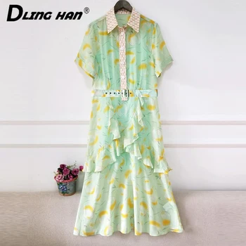 

LINGHAN Designer Runway Summer Long Dress Runway Ladies Elegant Ruffles Apple Print Chic Dresses Women Summer New