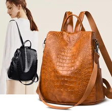 Vintage Crocodile Pattern Backpacks Luxury Women Leather Anti Theft Backpack Female Large Capacity Multifunction Design Backbag
