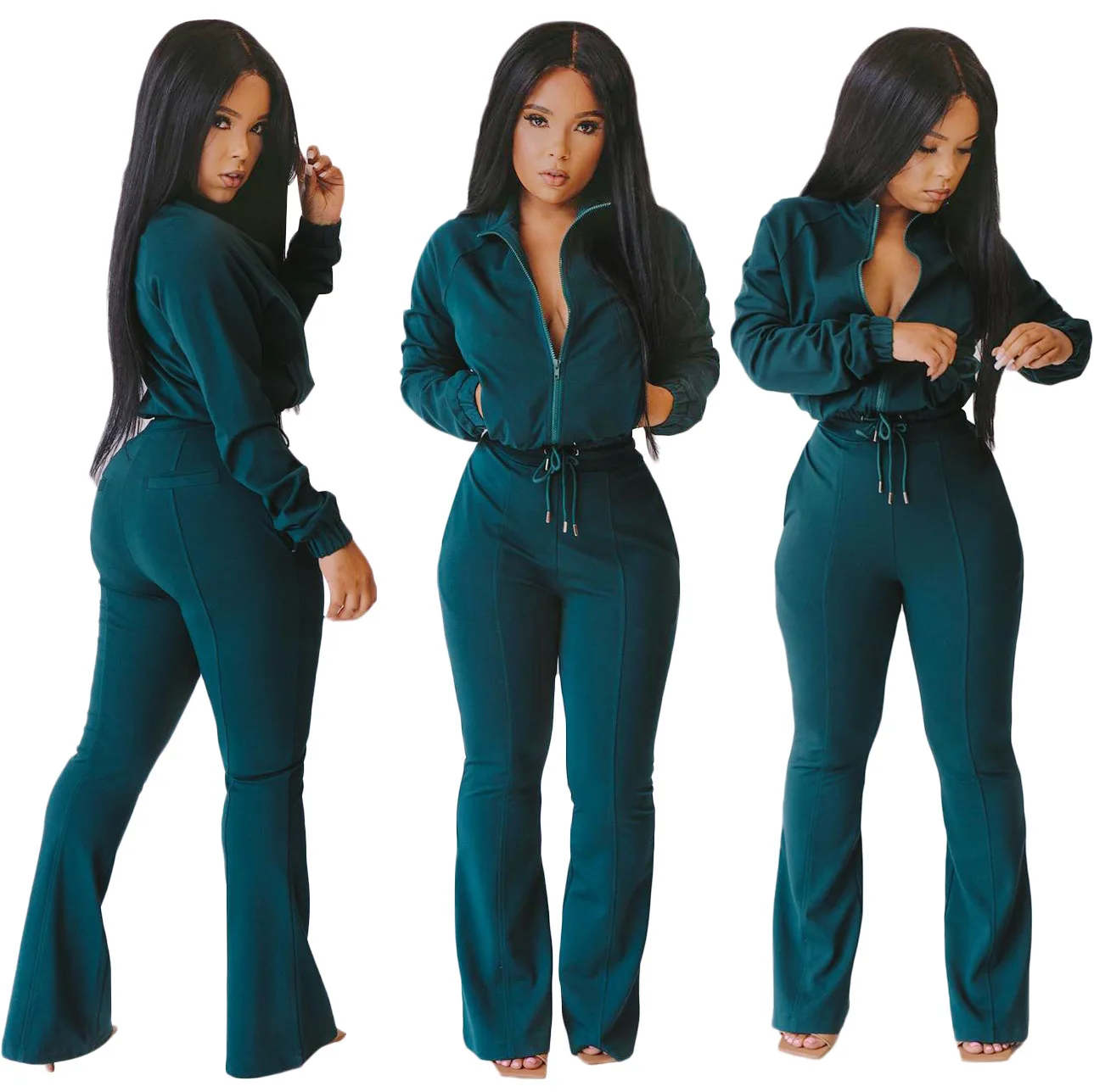 European and American sexy women's spring and autumn fashion simple solid color zipper jacket drawstring trousers sports suit