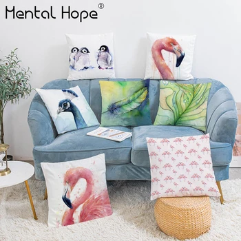 

Feather Printed Plush Cushion Cover Cartoon Flamingo Pattern Throw Pillow Cover Home Decor Decorative Square Pillowcase