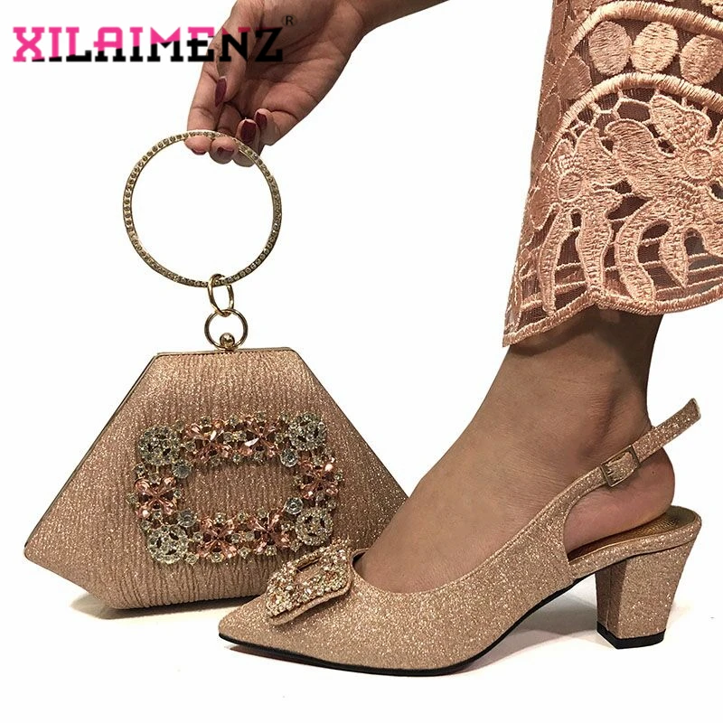 2020 New Coming Peach Color Fashion Rhinestone Woman Shoes And Matching Bag Set Italian Style Pumps for Party | Обувь