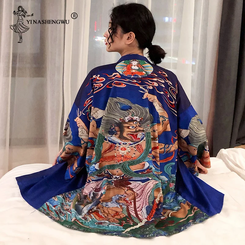 Женское кимоно в японском стиле, юбка в азиатском стиле, модный топ с цветочным принтом для девочек и юбка, наряды с длинным рукавом