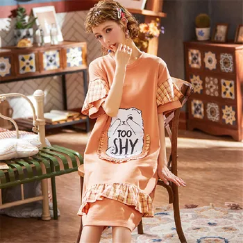 

2020 Summer Night Dress Women Plus Size Nightgown Cartoon Print Sleepshirts Short-sleeves Nightie Nightdress Cotton Sleepwear