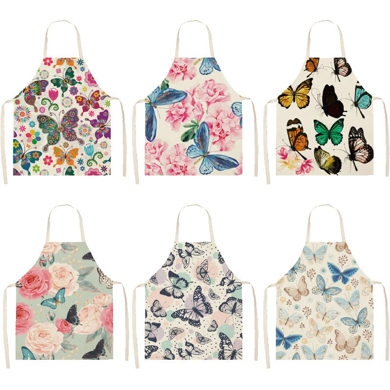 1PC Cotton Baking Waist Bib Linen Flower Butterfly Printed Kitchen Sleeveless Aprons Women Home Cooking Pinafore 53*65cm WQL0147