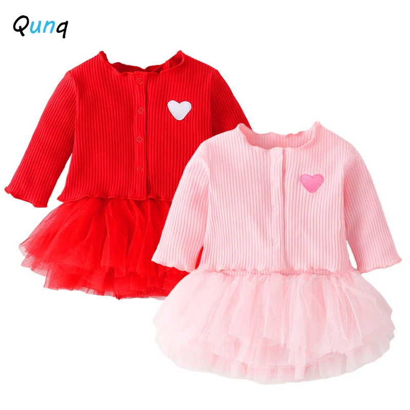 

Qunq Baby Girls Clothes Lovely Heart Coat Mesh Dress Newborns Suits High Quality Spring Fall 1 Year Birthday Party Gift Costume