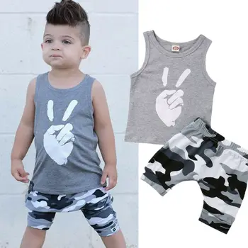 

2PCS Toddler Kids Baby Boys Clothes Set Sleeveless Print Tops T-shirt + Camouflage Short Pants Outfits Set Casual Clothes 6M-5T