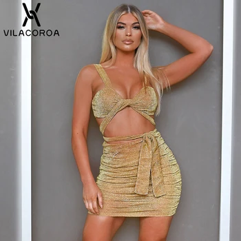 

Golden Two Piece Set Women Party Sexy Clothing Sleeveless Hollow Tops Skinny Mini Dress Fashion 2 Piece Set Women Summer Clothes