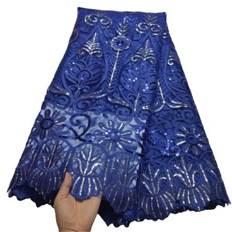Новейшая ярко-синяя африканская кружевная ткань с блестками французское