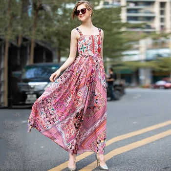 

2020 Spring Spaghetti Strap Vintage Long Dresses Women Holiday Style Runway Designer 2020 Spring Floral A-Line Dress