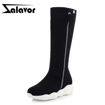 

ZALAVOR Warm Women Knee High Boots Fashion Platform Winter Women Shoes Zipper Walk Round Toe Solid Color Women Flats Size 34-46