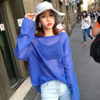 

Loose Knitted T Shirt for Women Spring Summer Hollow Out Knitted Shirt Thin Loose-Fit Tops Sun Shirt Transparent Knit T-shirt
