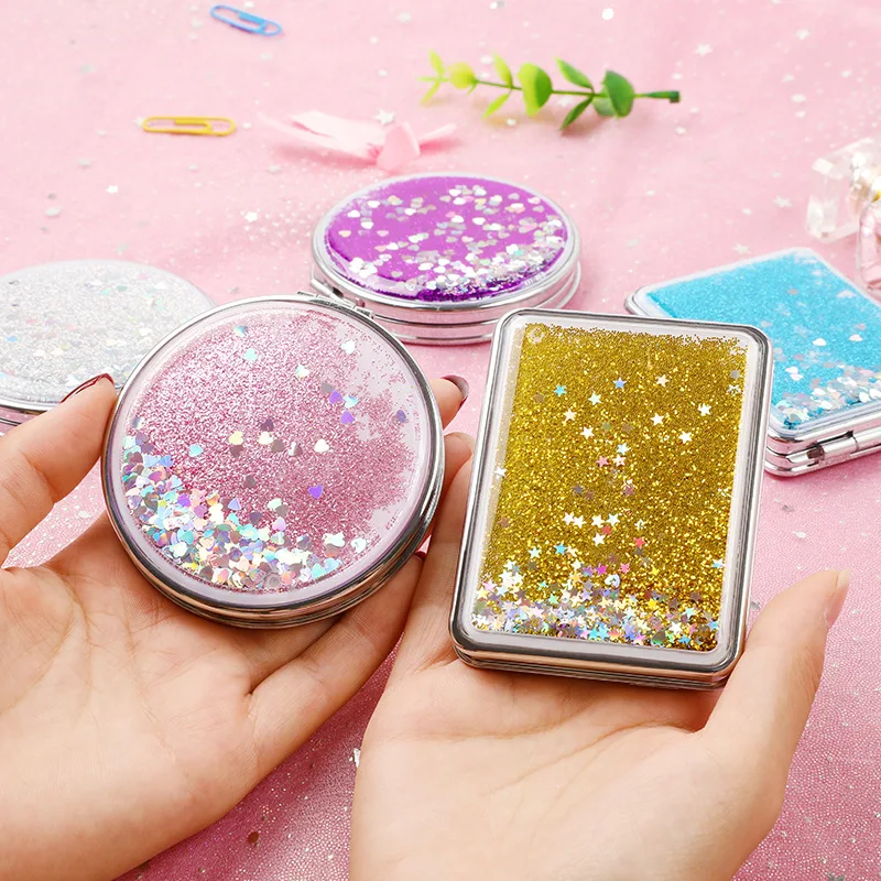 Bling Quicksand Makeup Mirror Double-Sided Folding Woman Cosmetic Mirror  Mini Portable Compact Pocket Hand Vanity Mirrors Gift - AliExpress