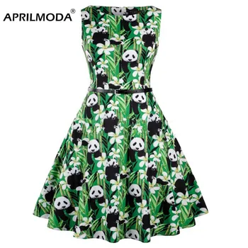 

Summer Women Vintage Dresses 50s 60s Hepburn Panda Printed Cotton Green Retro Big Swing Party Dresses With Belt Sundress Female