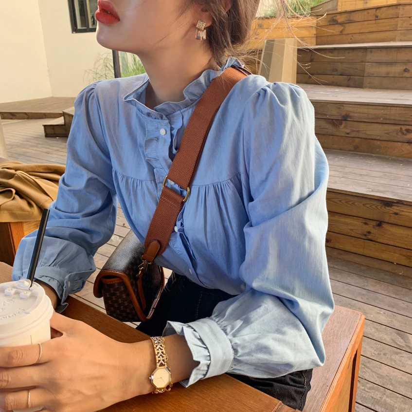 

Women Blouses and Tops Femme Long Sleee Korean Elegant Janpan Kawaii Cuter Ruffle Trim Blusas Mujer 2019 Autumn Winter Ladies