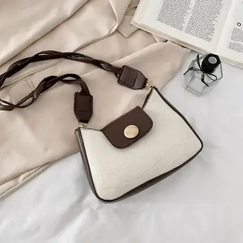 

Vintage Stone Pattern Shoulder Underarm Bag Fashion Women PU Leather Hit Color Flap Daily Handbags Woven Strap Totes