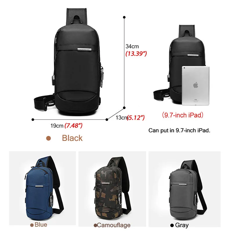 Камуфляжная мужская сумка через плечо, Оксфорд, USB зарядка, мужские нагрудные сумки, водонепроницаемая одноцветная сумка через плечо для мужчин, Короткие дорожные сумки-мессенджеры