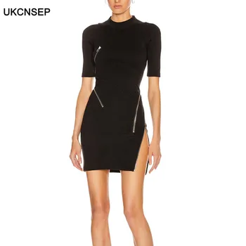 

UKCNSEP 2020 New Arrival Runway Celebrity Evening Party Dress Women Short Sleeve O Neck Zipper Patchwork Summer Bandage Dress