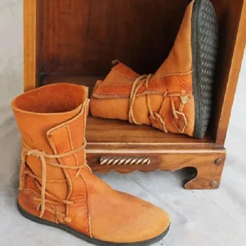 

PU Women Leather Boots Lace Up Flat with Platform Ladies Shoes Autumn Winter Vintage Western Mid Calf Boots Zapatos Mujer