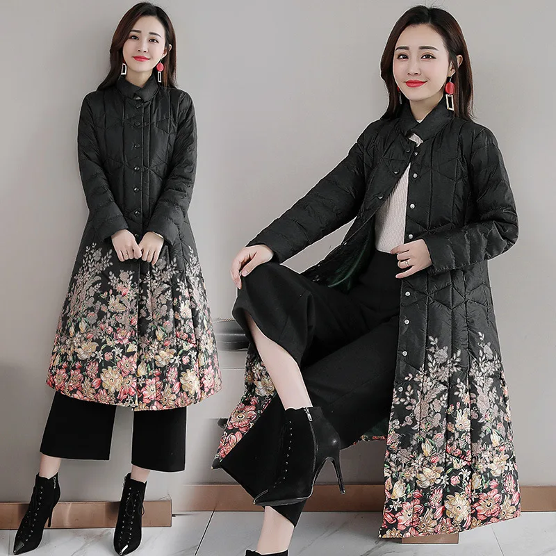 

Ethnic-Style Loose And Plus-sized Middle-aged Women Dress Printed Mid-length Cotton Coat Cotton-padded Clothes Women's Winter Ne
