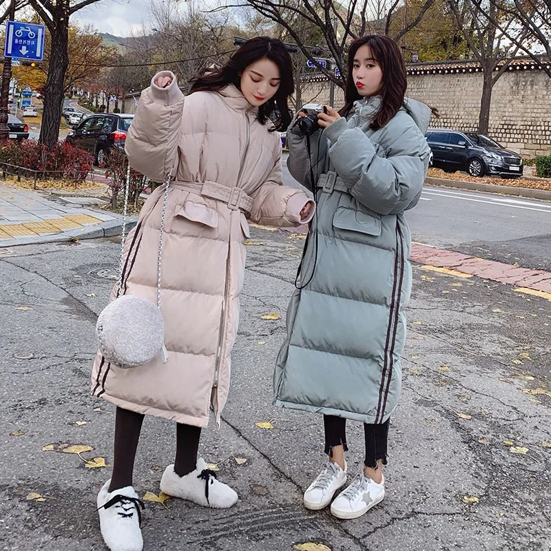 

2019 Korean-style New Style Sweet Flesh Color over-the-Knee Long down Coat Waist Hugging Lace-up Hooded Best Friend Cotton-padde
