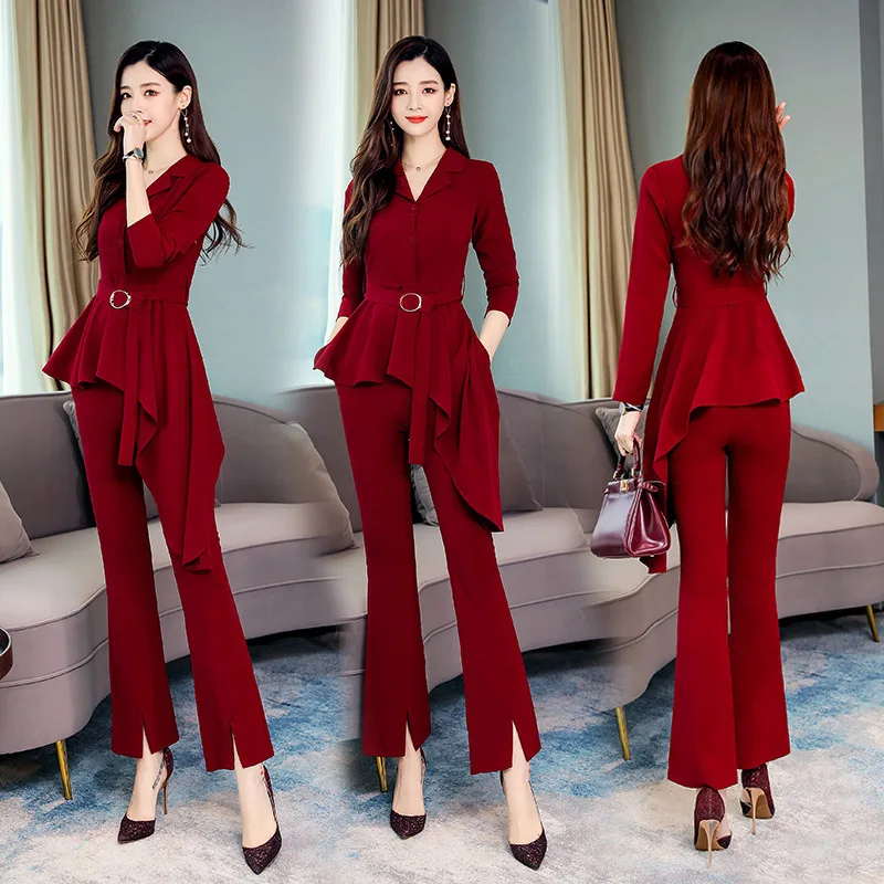 

Suit Collar Irregular Hem Tops + Fashion Elastic Waist Slim Fit Bell-bottom Pants Set 2019 Autumn New Style