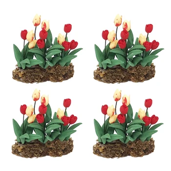 

4pcs 1/12 Scale Miniature Resin Tulip Flower Dollhouse Fairy Garden Decor Diy Model Dolls House Accessories