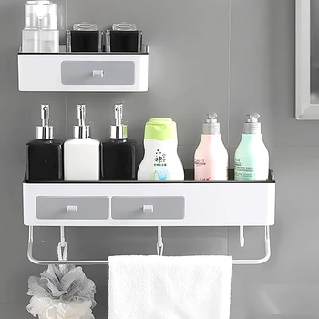 

Household Bathroom Organizer Wall Mounted Storage Rack Shampoo Shower Bath Essentials Holder Adhesive Bathroom Shelf with Drawer
