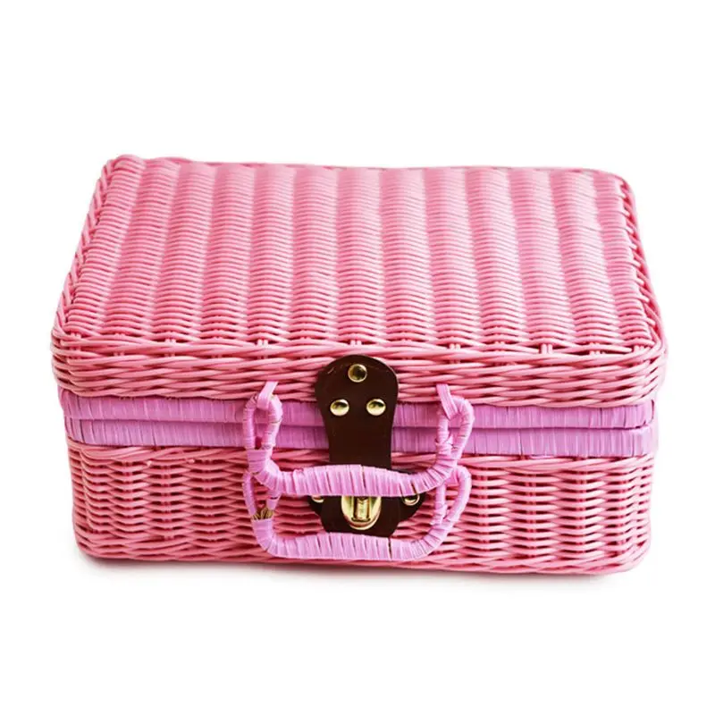 Многоцелевой ротанга корзина для хранения ручной работы соломы ювелирных изделий Организатор контейнер с крышкой - Цвет: Розовый