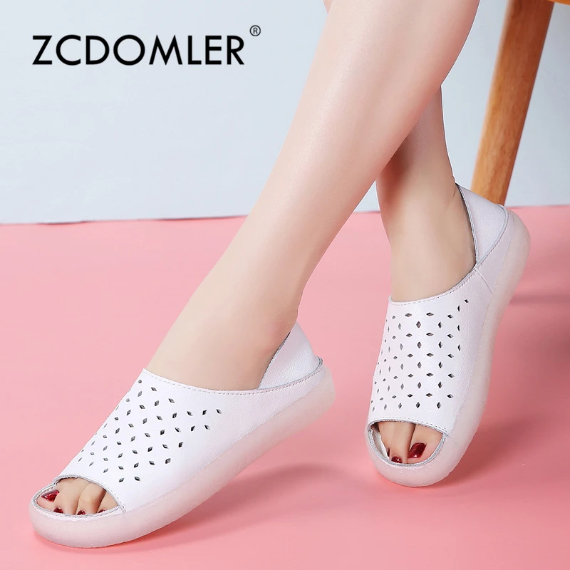 

ZCDOMLER 2019 Summer Women's White Nurse Work Shoes Breathable Flats Shoes Cut-Outs Loafers Women Flat Sandals Shoes