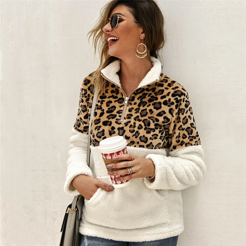 

Fashion Women Leopartd Hoodies Elegant Long Sleeve Fleece Loose Winter Sweatshirt Pullover Ladies Tops truien dames Streetwear