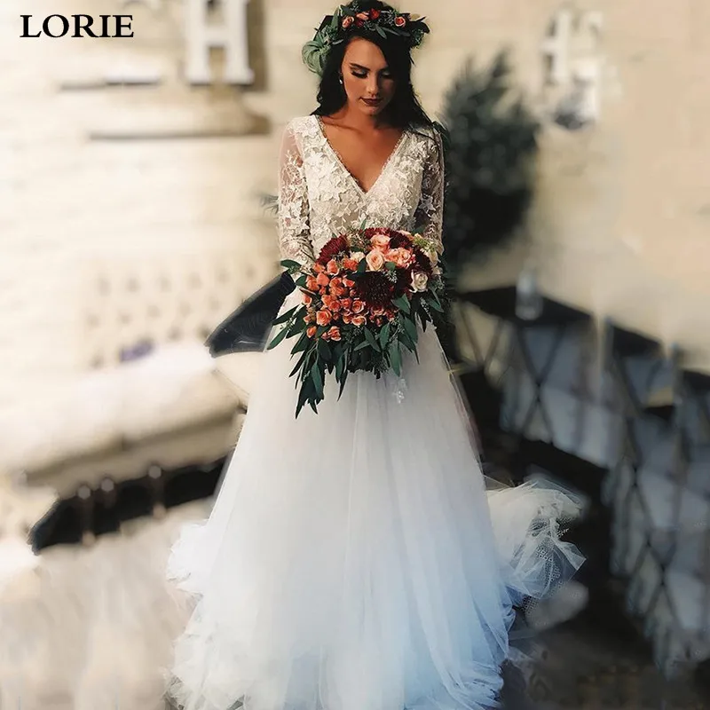 LORIE Lace Boho Trouwjurk Lange Mouwen Bridal Jurken Sexy V-hals Backless Vestidos de novia Bruidsjurken
