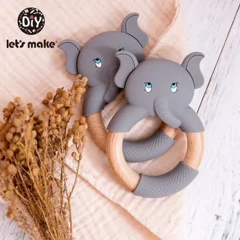 

Let's Make 1pc Baby Silicone Teether Cartoon Elephant Teething Toy Beech Wood Ring Infant Comfort Toys Baby Teether