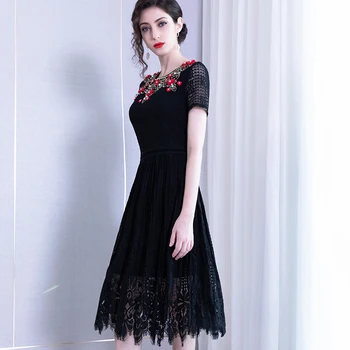 

Retro Black Dress summer Spring temperament short-sleeve embroidered appliqué beaded waist slimming lace dress womens clothing