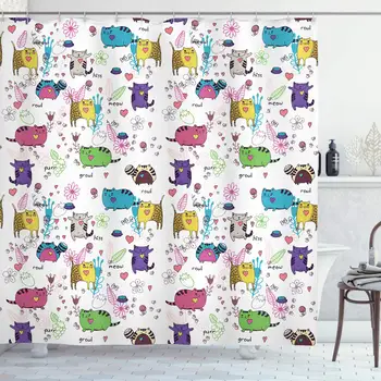 

Cat Shower Curtain Trippy Kittens with Unusual Forms with Flower and Heart Figures Baby Kids Child Art Design Bathroom Decor Set