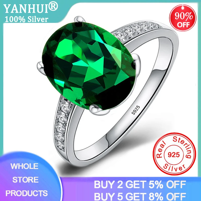 YANHUI 925 Sterling Silver Jasper Rings For Women Green Natural Emerald Stone Wedding Bands Jewelry Ring For Gift Wholesale R472
