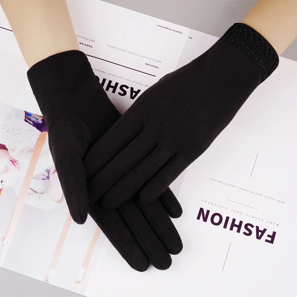 YU XUE QING женские тонкие перчатки весна осень зима водительские перчатки сенсорный экран Датчик кружева шаблон варежки - Цвет: black