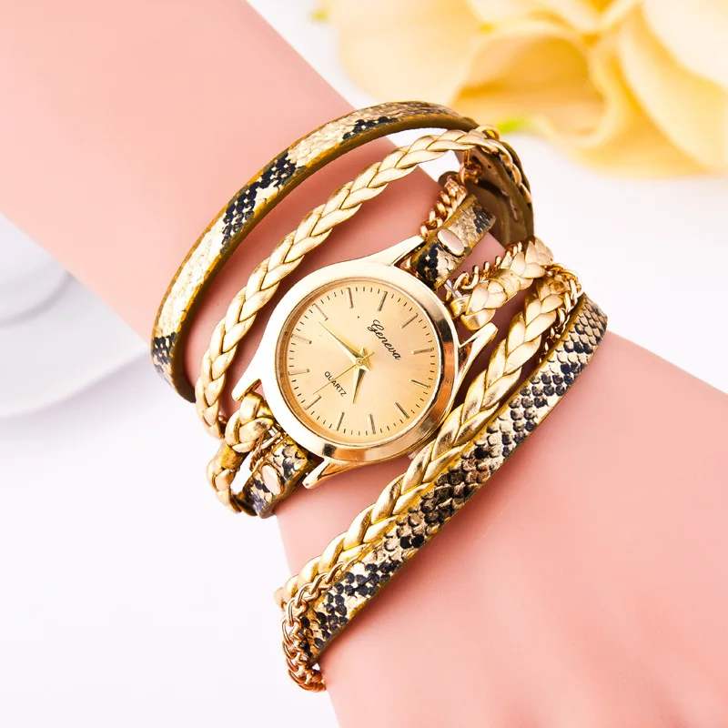 

New Style WOMEN'S Bracelet Watch Leopord Pattern Leather Belt Weaving Geneva Quartz Fashion Watch EBay Hot Selling Fashion Watch