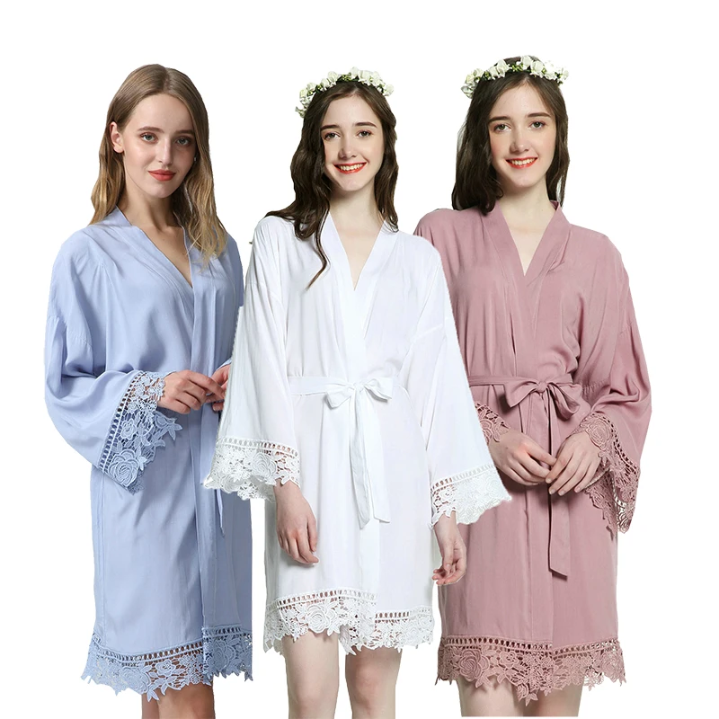 Rayon Cotton bridesmaid Robes With Lace Trim Women Wedding Bridal Robe lace PL11 