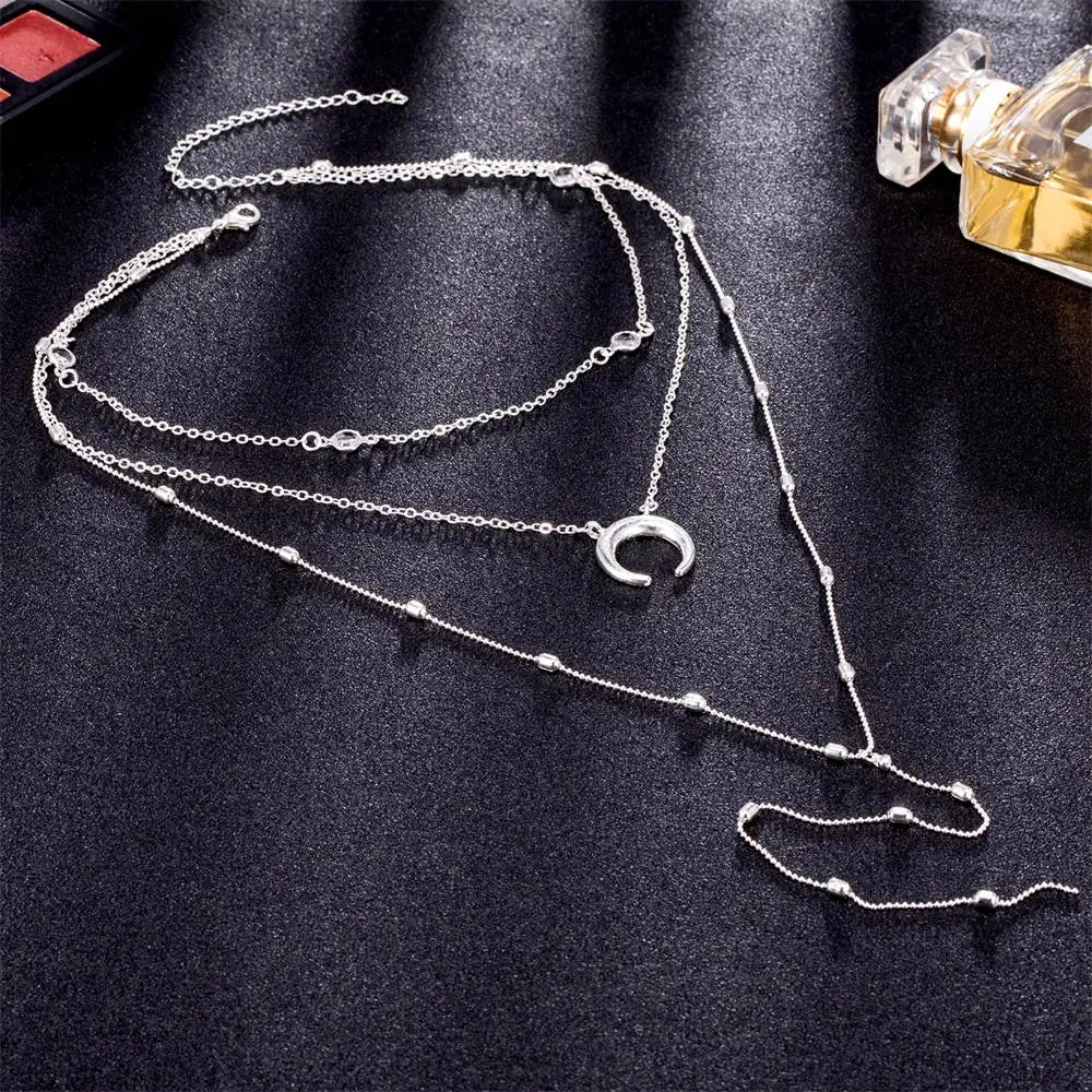3 Слоя Цепи Ожерелье Набор Рог ожерелье полумесяц ожерелье пляж Бохо Кристалл ювелирные изделия для женщин многослойный длинный кулон колье - Окраска металла: A718 Silver