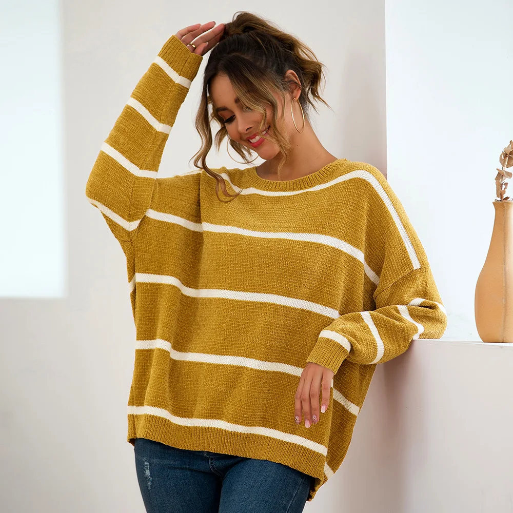 

Autumn Winter Sweaters Women knit Pullovers tops 2019 Snow nylon Knitted Stripe splicing Sweaters Loose Female Jumper pull femme