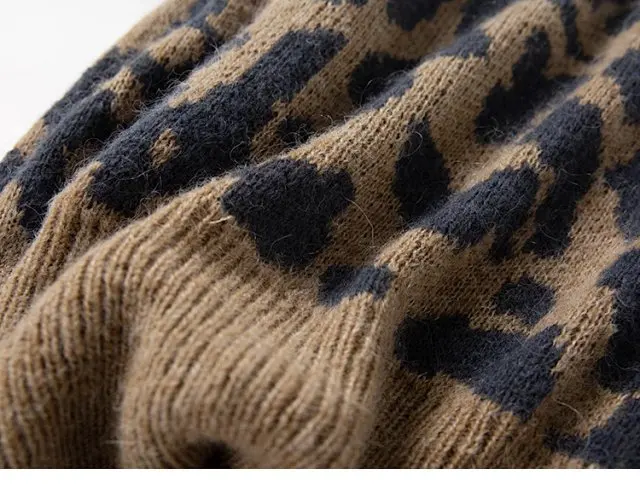 Elfbop мохера Вязание и круглой горловиной, с нашивкой в виде красивого Леопардовый свитер с рисунком пуловер-Для женщин новейший вязаный свитер с длинными рукавами для девочек