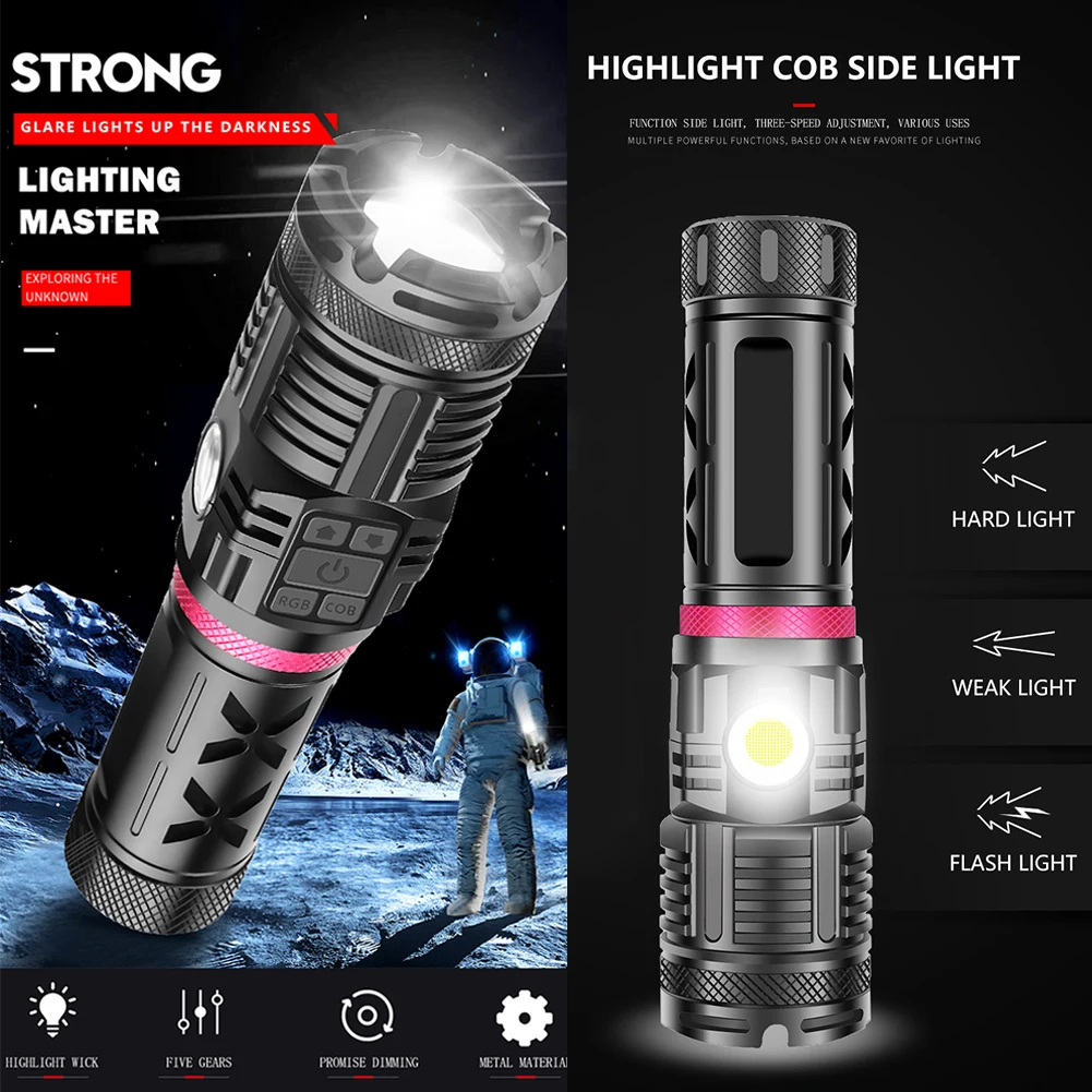 Multi-function Long Shots Lamp Hunting XHP120 Multi-function Flashlight USB Charging COB LED Hunting Fishing Hand Lamp