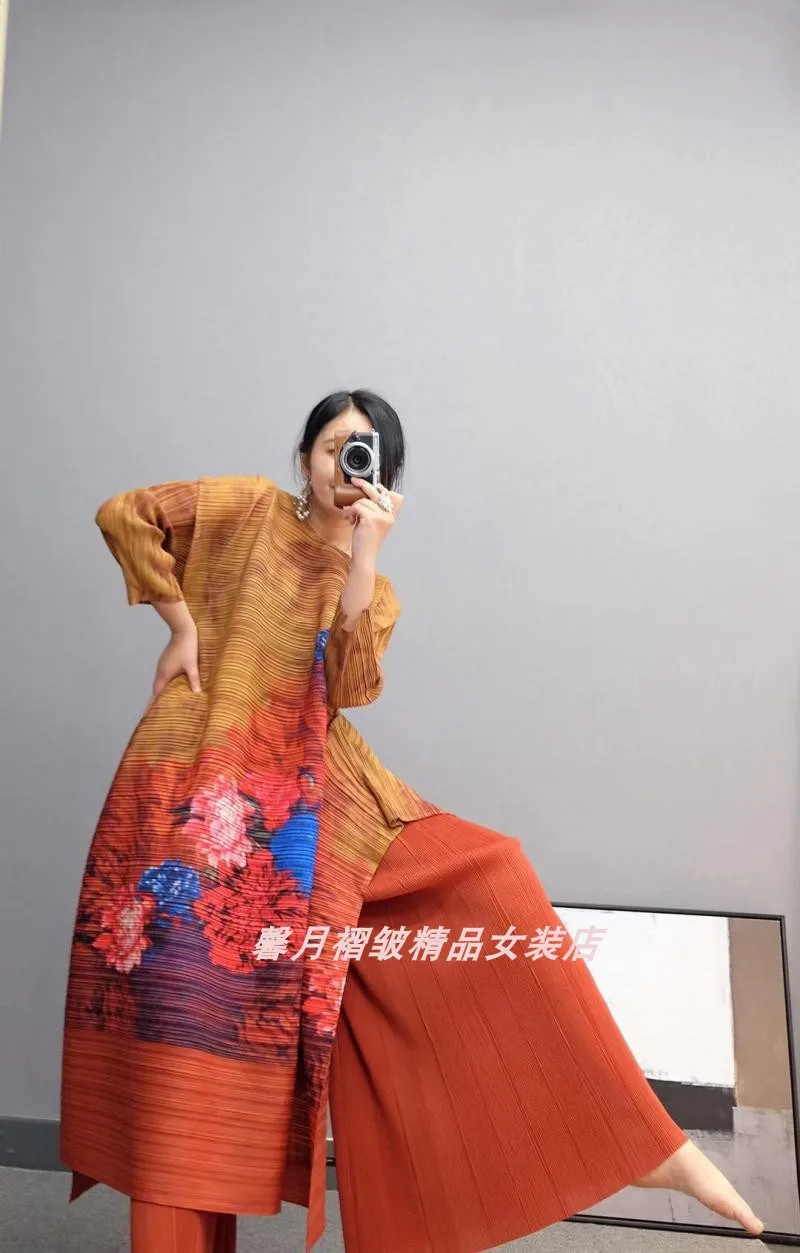 Горячая Miyake fold три четверти печати длинное платье+ Твердые широкие брюки костюм