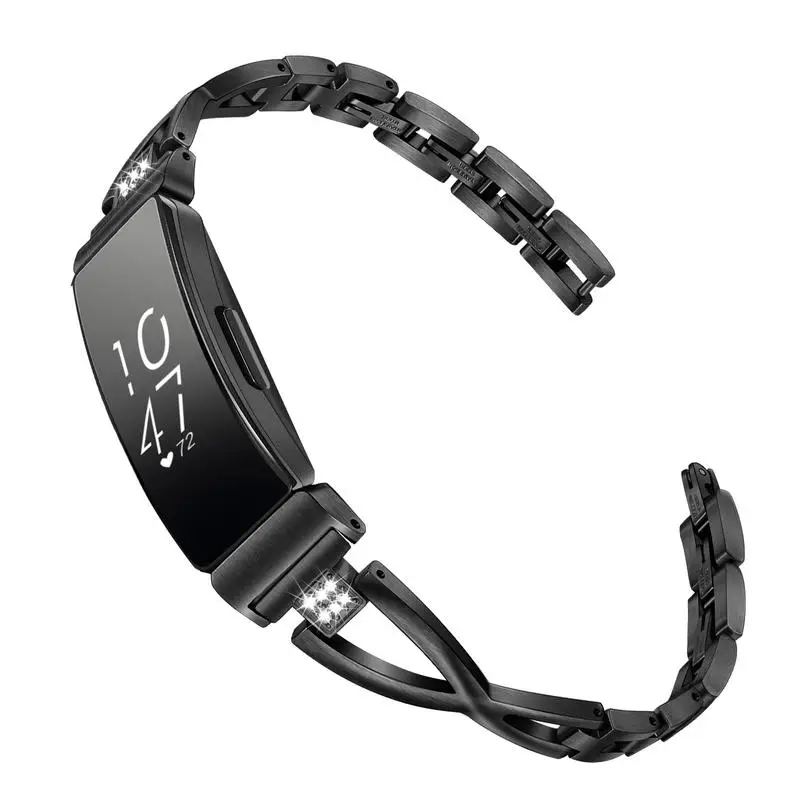 Ремешок с бриллиантами из нержавеющей стали и горного хрусталя для Fitbit Inspire/Inspire HR Smart Watch Band Quick Release Strap Bracelet - Цвет ремешка: Black