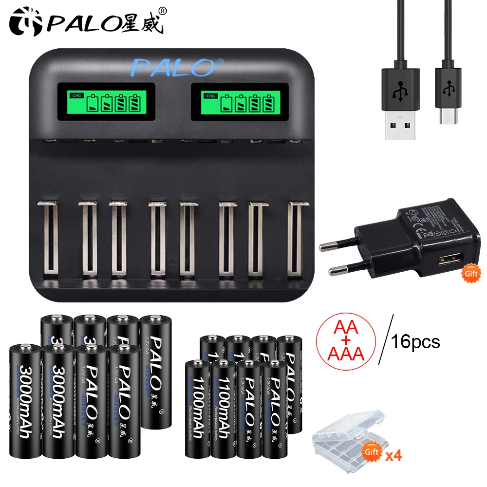PALO LCD display Smart USB battery Charger for AA AAA C D Size Rechargeable Battery+1.2V Ni-MH AA AAA rechargeable batteries